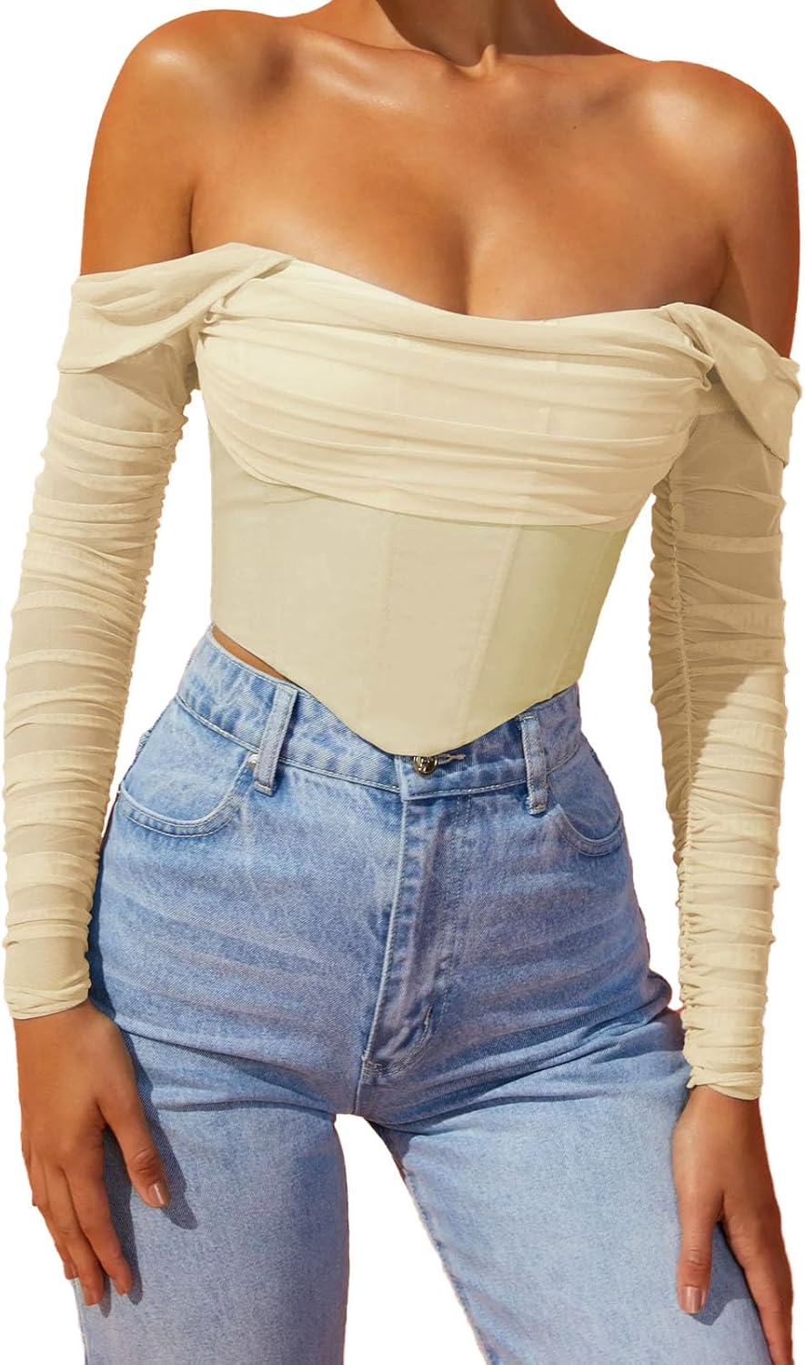 Size S/M..Corset Tops for Women Off The Shoulder Crop Long Sleeve Bustier Boned Concert Going Out Tops